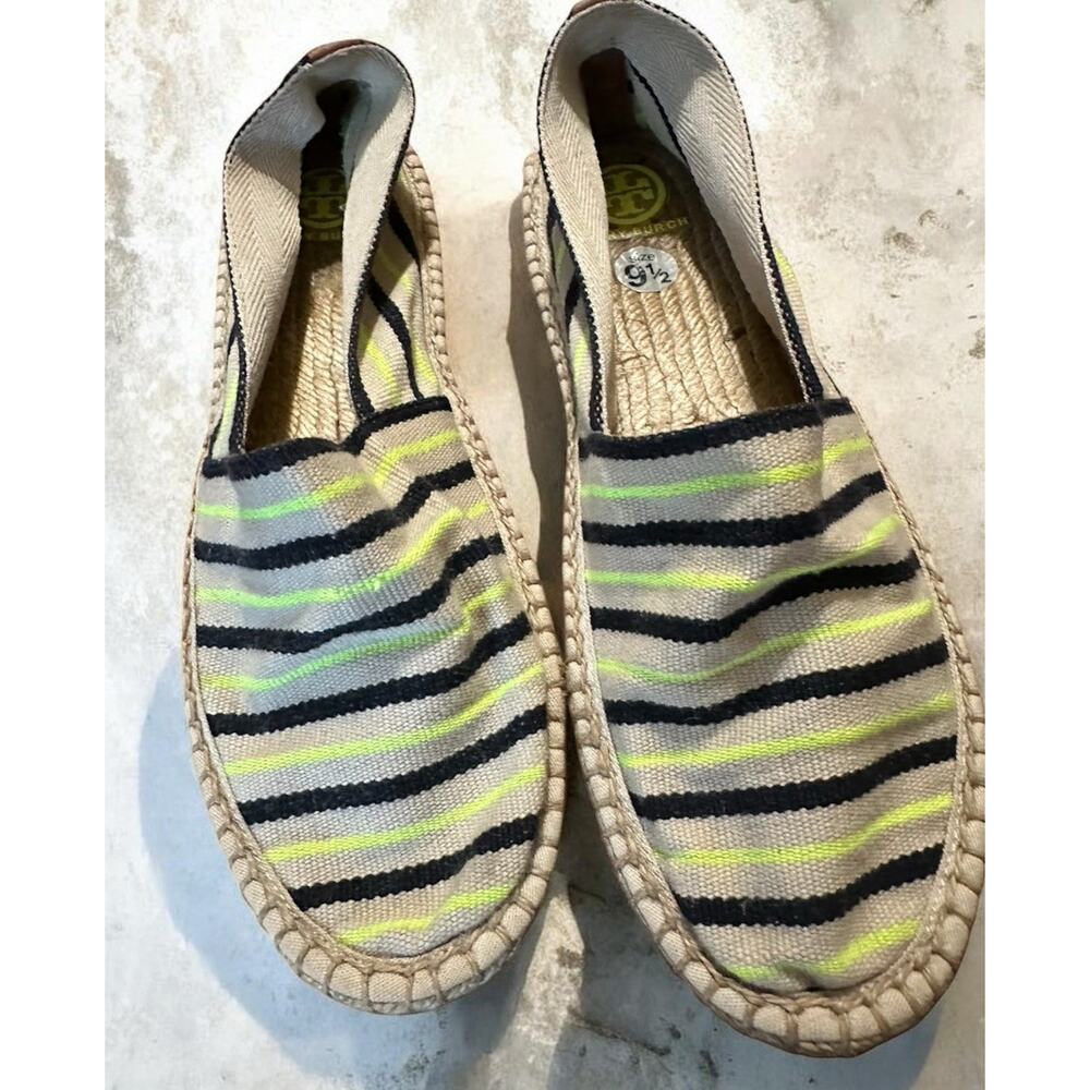Tory Burch Linen Striped Flats Womens 9.5 Navy Neon Yellow Espadrille